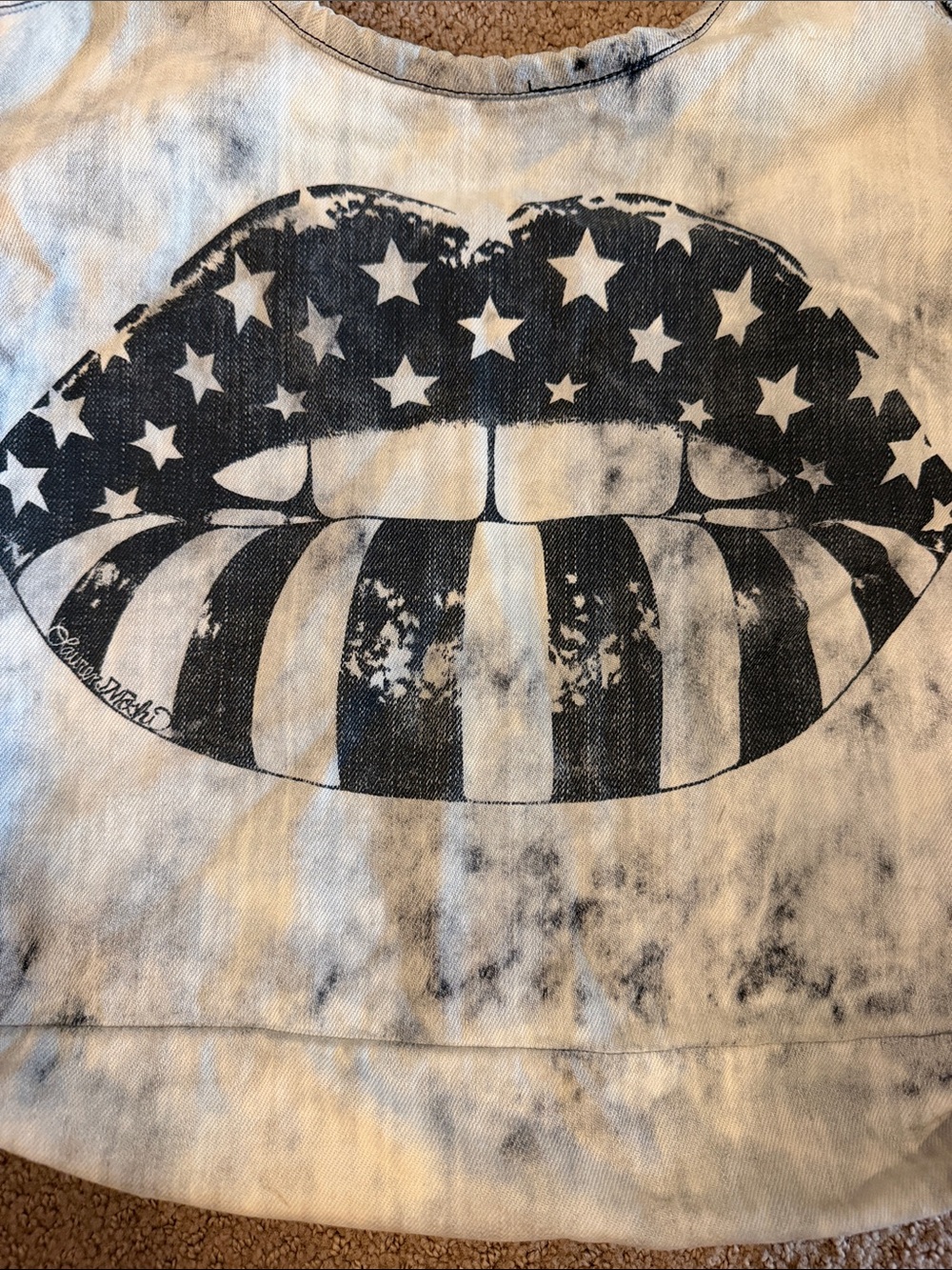 Lauren Moshi Denim Tote Bag Black Acid Wash Lips Stars Stripes Graphic Shoulder - Picture 2 of 5